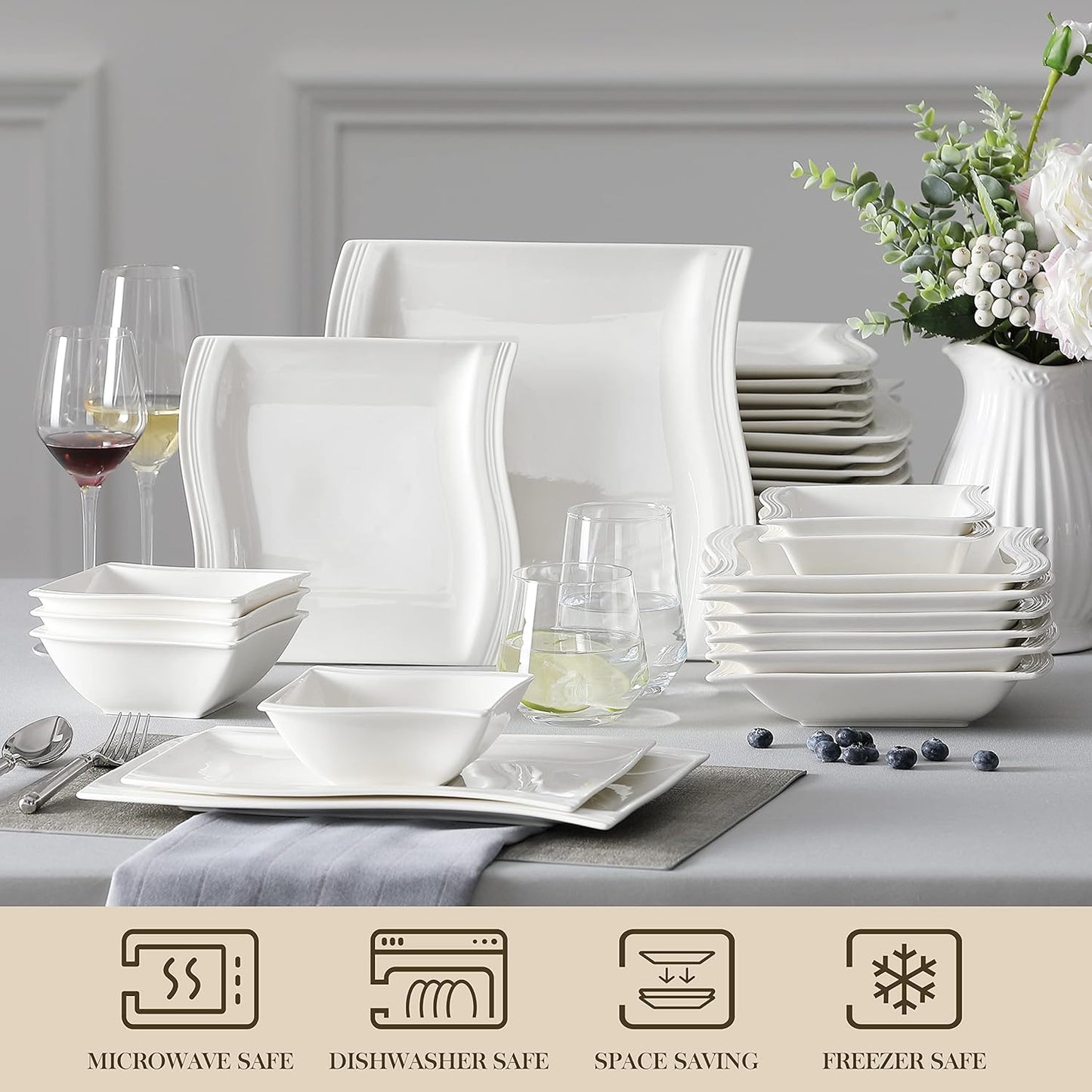 MALACASA Plates and Bowls Sets, 26 Pieces Ivory White Porcelain Dinnerware Sets without Mugs, Square Dinnerware with Dinner Plates, Bowls and Serving Platters, Modern Dish Set for 6, Series Flora