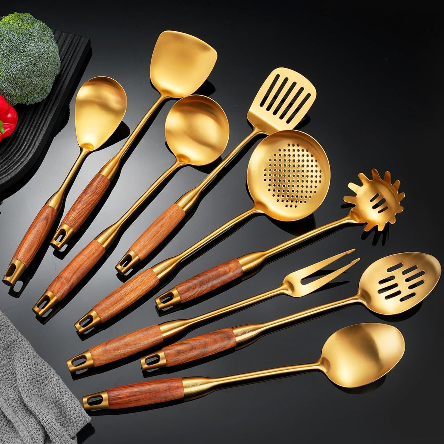 Gold Kitchen Utensils Set, 9 PCS 18/10 Stainless Steel Cooking tools Wood Handle, Solid and Slotted Spoon, Fork, Spatula, Ladle, Skimmer, Slotted Tunner, Spaghetti and Large Spoon