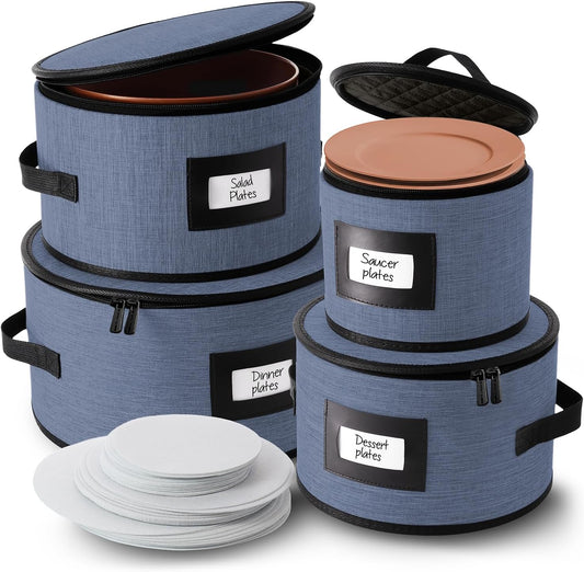 Fine China Storage Containers Hard Shell, 4 Piece Dish Storage Containers, Quilted Plate Containers, Stackable Dish Organizer with Dividers, Dinnerware Storage for Moving and Seasonal Storage, Blue