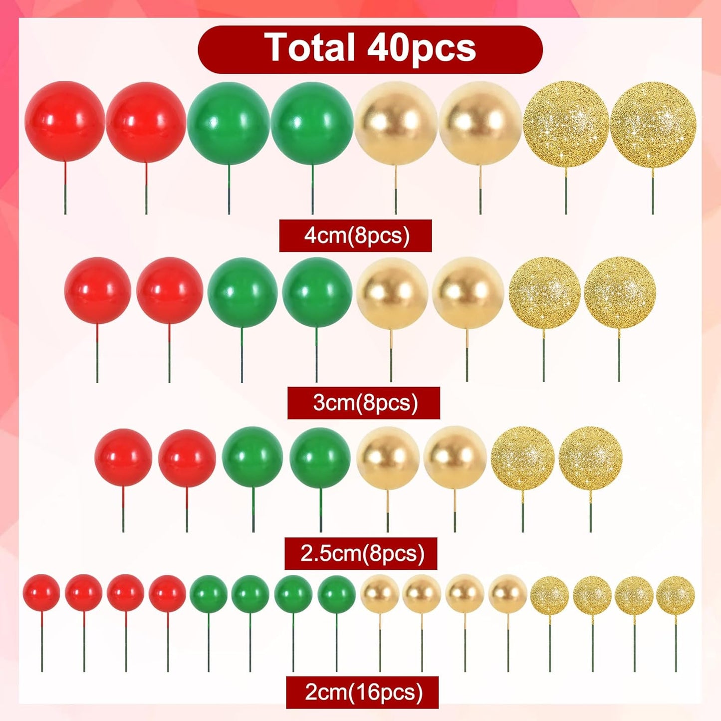 BEISHIDA 40 Pcs Ball Cake Toppers Mini Balls Cake Decorations Red Green Gold Silver Sticks Foam Balls DIY Cake Topper Insert Balls Cake Decorations for Baking Christmas Party Decorations