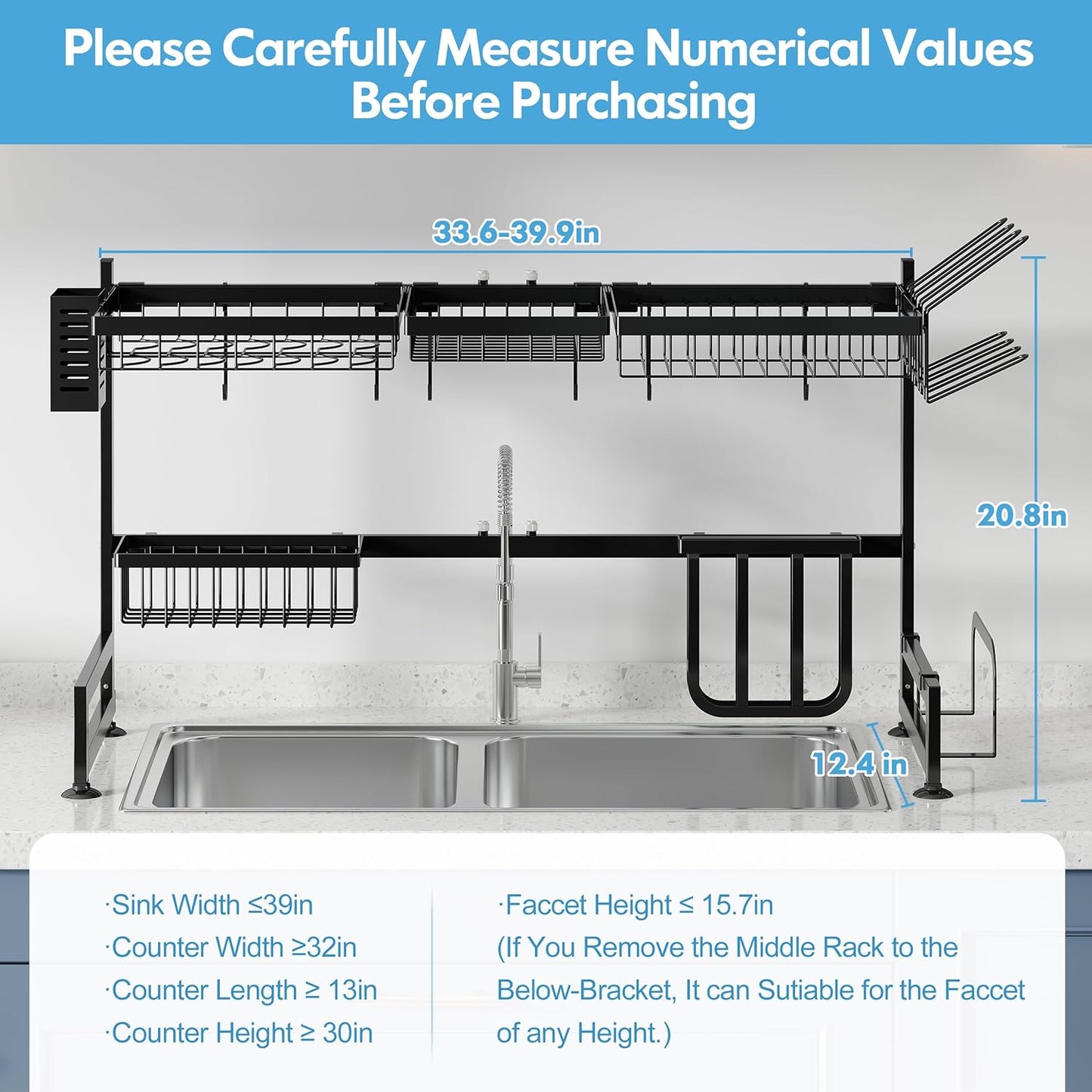 2 Tier Extra Large Stainless Steel Expandable Over The Sink Dish Drainer Drying Rack, Rust Proof Metal, Space Saving, Modern Black Big Capacity Extendable Plate Strainers Above Kitchen Counter