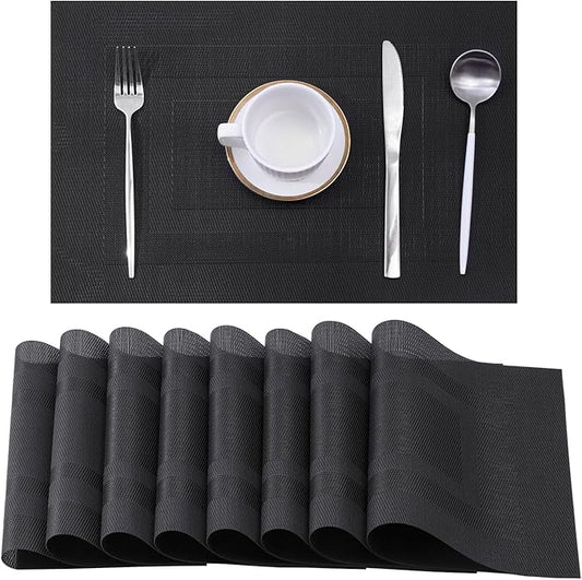 Leetaltree Black Frame Placemats Set of 8 - Heat Resistant Non-Slip Place mats for Dining Table, Washable Durable PVC Vinyl Woven Table Mats（Black Frame, 8）