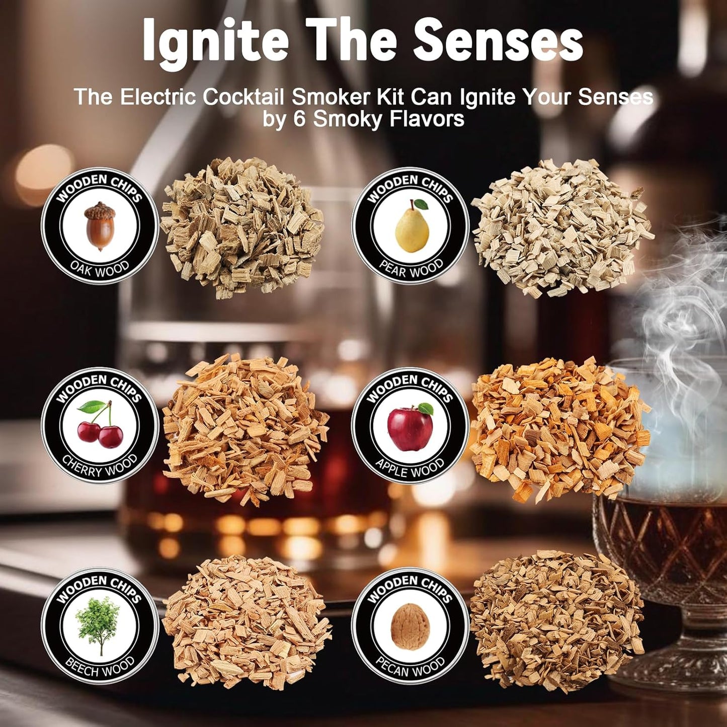 Electric Whiskey Smoker Kit with 6 Wood Chips, Electric Cocktail Smoker Kit Built-in Lighter, No Butane Needed, Gifts for Christmas, Gifts for Men, Dad, Husband
