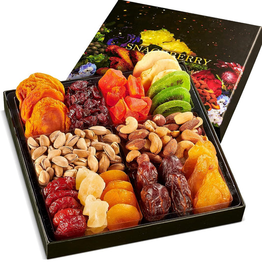Dried Fruit & Nuts Gift Basket Arrangement Platter, Gourmet Food Snack Box, For Christmas, New Years, Birthday Care Package, Healthy Kosher - Her Him - 12 Snackberry Assortment (6-Pack)