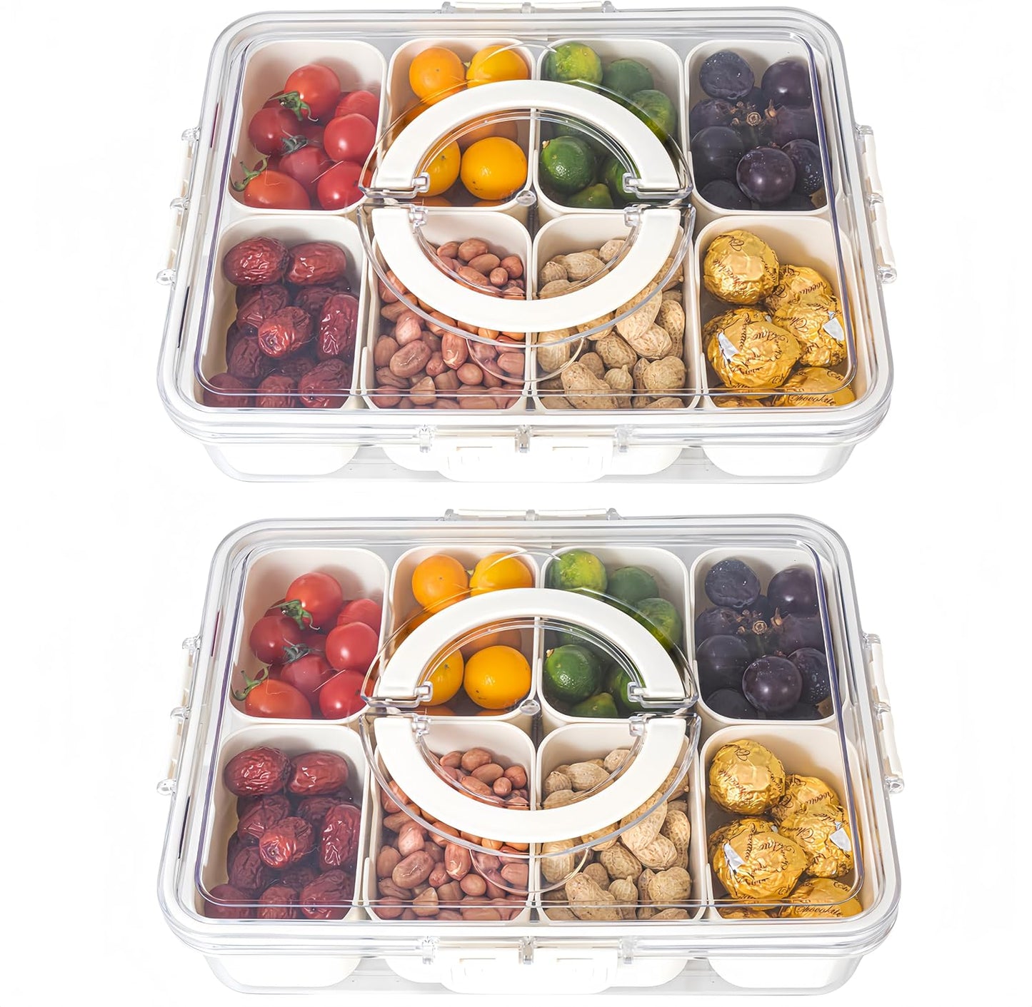 Divided Serving Tray with Lid and Handle - Divided Snack Tray for Portable Snack Platters - Clear Organizer for Candy, Fruits, Nuts, Snacks - Perfect for Party, Entertaining，2 pcs