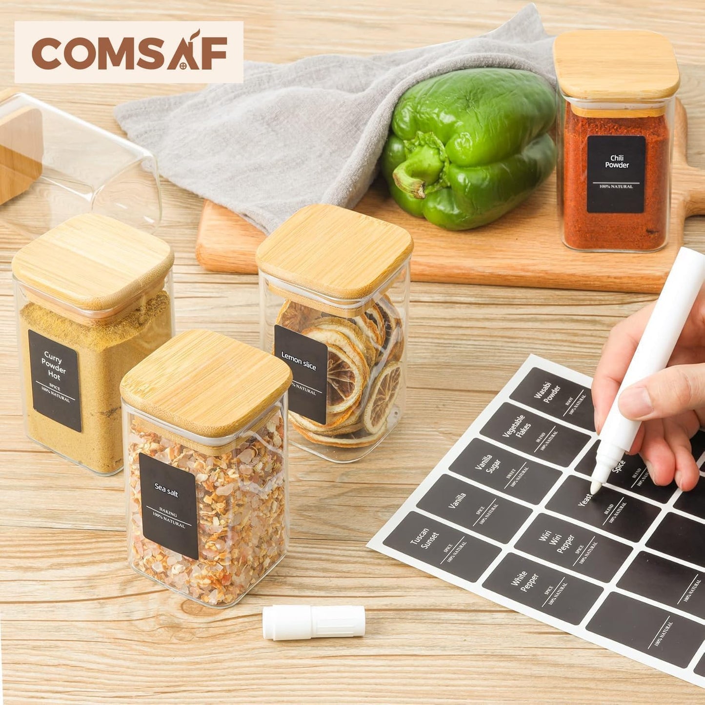 ComSaf Spice Jars with Labels 8 oz 16Pack, Small Spice Containers Starter Set, Glass Seasoning Jars with Lids, Square Seasoning Containers for Salt, Pepper, Chili Powder, Sugar, Loose Tea Storage