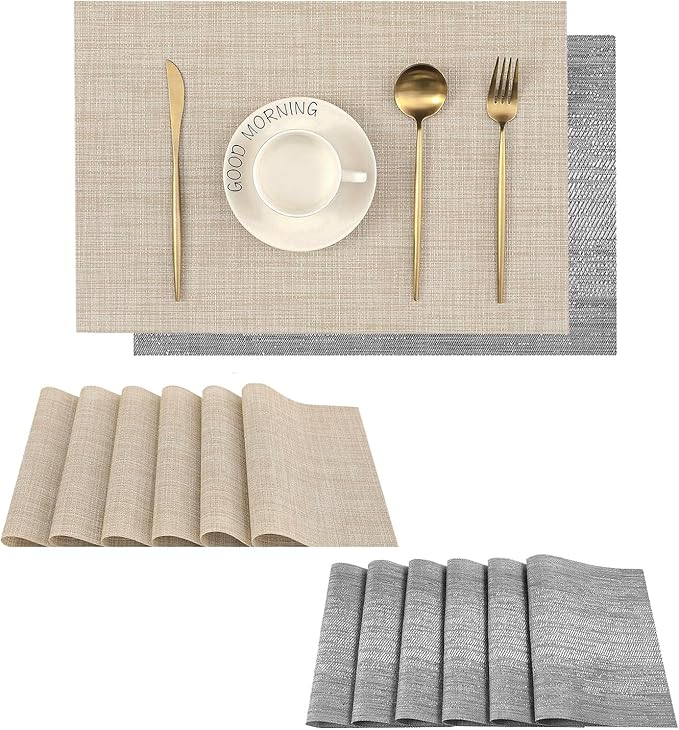 Leetaltree 6PC Grey& 6PC Beige Placemats Set of 12 - Heat Resistant Non-Slip Place mats for Dining Table, Washable Durable PVC Vinyl Woven Table Mats（6PC Grey&6PC Beige）, Grey&beige