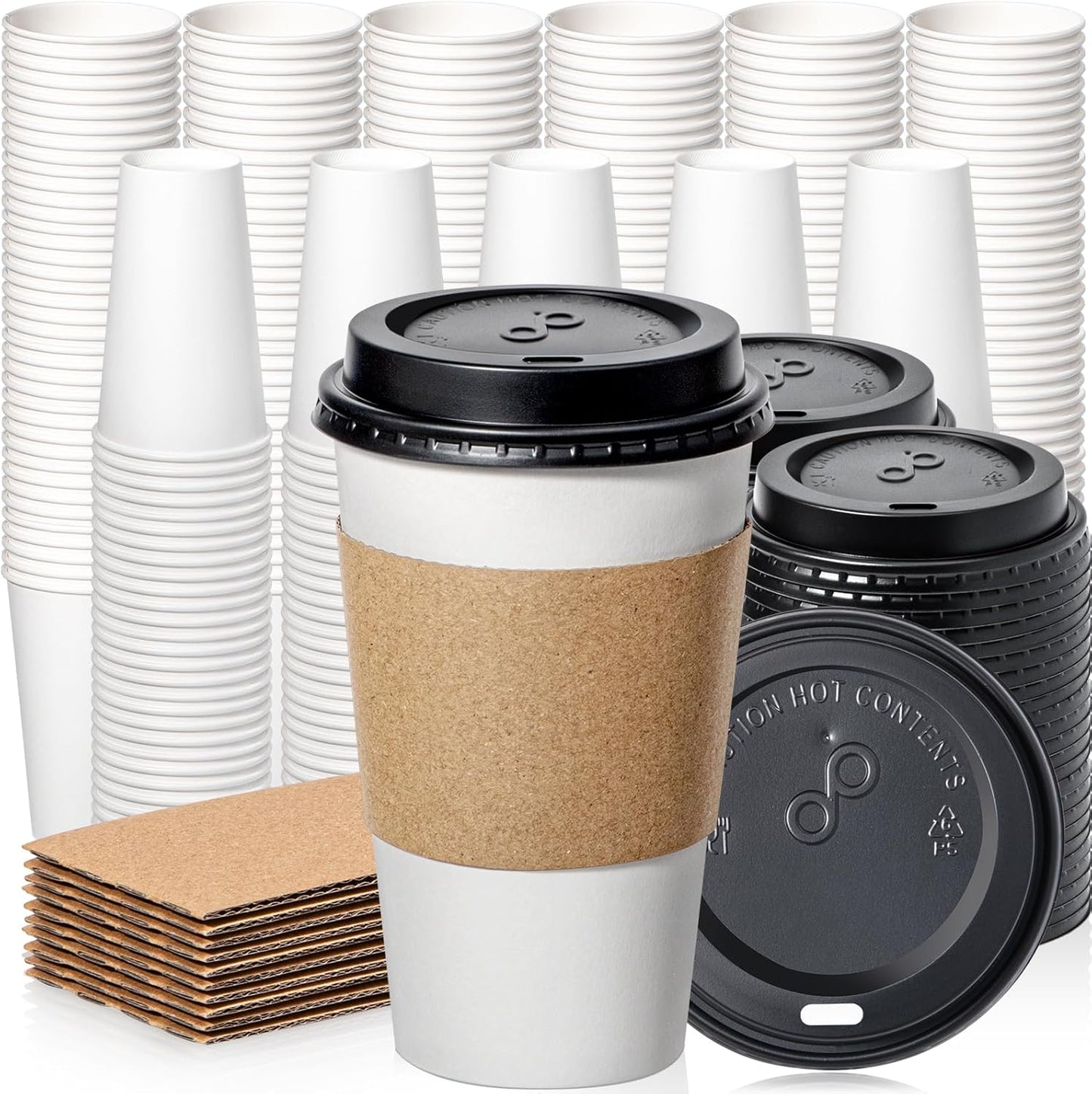 Fit Meal Prep 500 Pack 16 oz Disposable Coffee Cups with Lids, Sleeves, Leak-Proof To Go Coffee Cups with Lids, Durable Paper Cups for Hot Beverage, Home, Office, Party