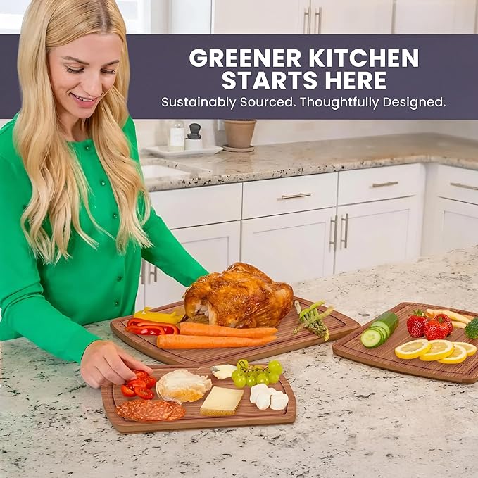 Organic Bamboo Cutting Boards for Kitchen Set of 3 with Lifetime Replacements- Non Toxic Wood Chopping Board for Charcuterie, Meat, Vegetables and Fruits - Ideal Kitchen Gifts for Home Chefs