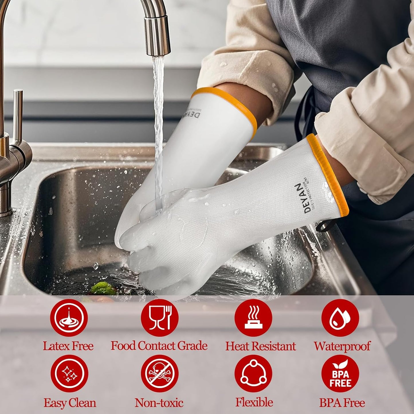 DEYAN Silicone BBQ & Oven Gloves - Food Grade, Heat Resistant Waterproof & Oil Proof Gloves for Grilling, Baking, Frying, Cooking - Long Sleeve & Non-Slip Grip, 1 Pair (White, 8/M)