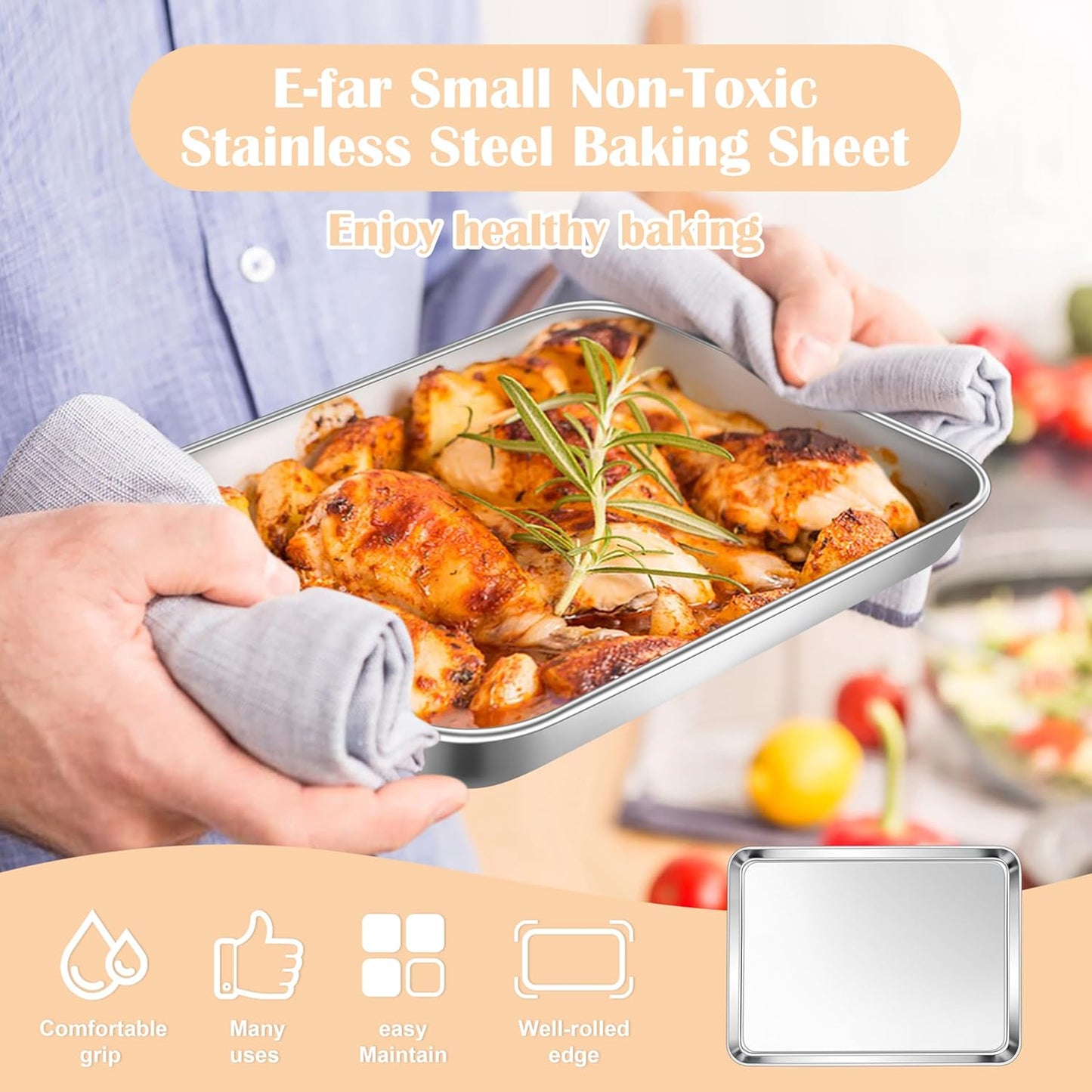 E-far 4 Pack Toaster Oven Trays, 9.4”x7.3” Stainless Steel Small Baking Cookie Sheets, Mini Non-toxic Metal Baking Pans for Cake, Healthy & Rust Free, Mirror Finish & Dishwasher Safe