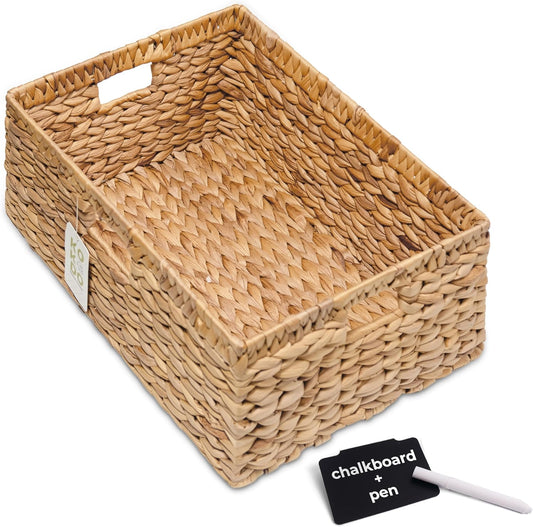 KOKODO 15"Lx11"W Large Rectangular Water Hyacinth Wicker Storage Baskets with Handles and Metal Frame, Stylish and Durable Handwoven Bin for Space-saving Room Organizing or Decorative Wicker Basket