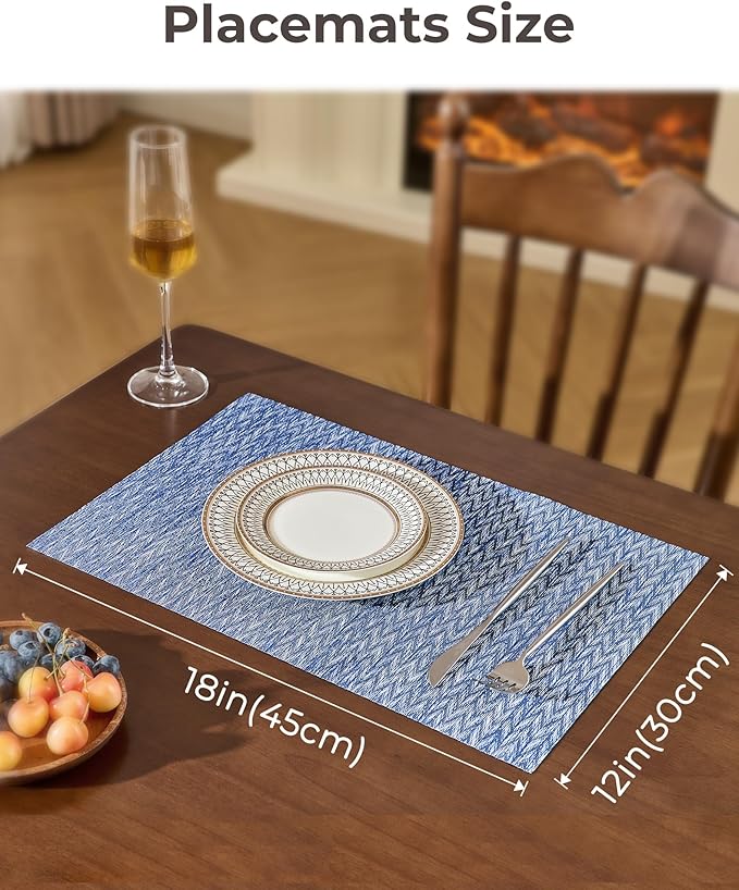 Leetaltree Blue Placemats Set of 6- Heat Resistant Non-Slip Place mats for Dining Table, Washable Durable PVC Vinyl Woven Table Mats（Blue Zigzag, 6）
