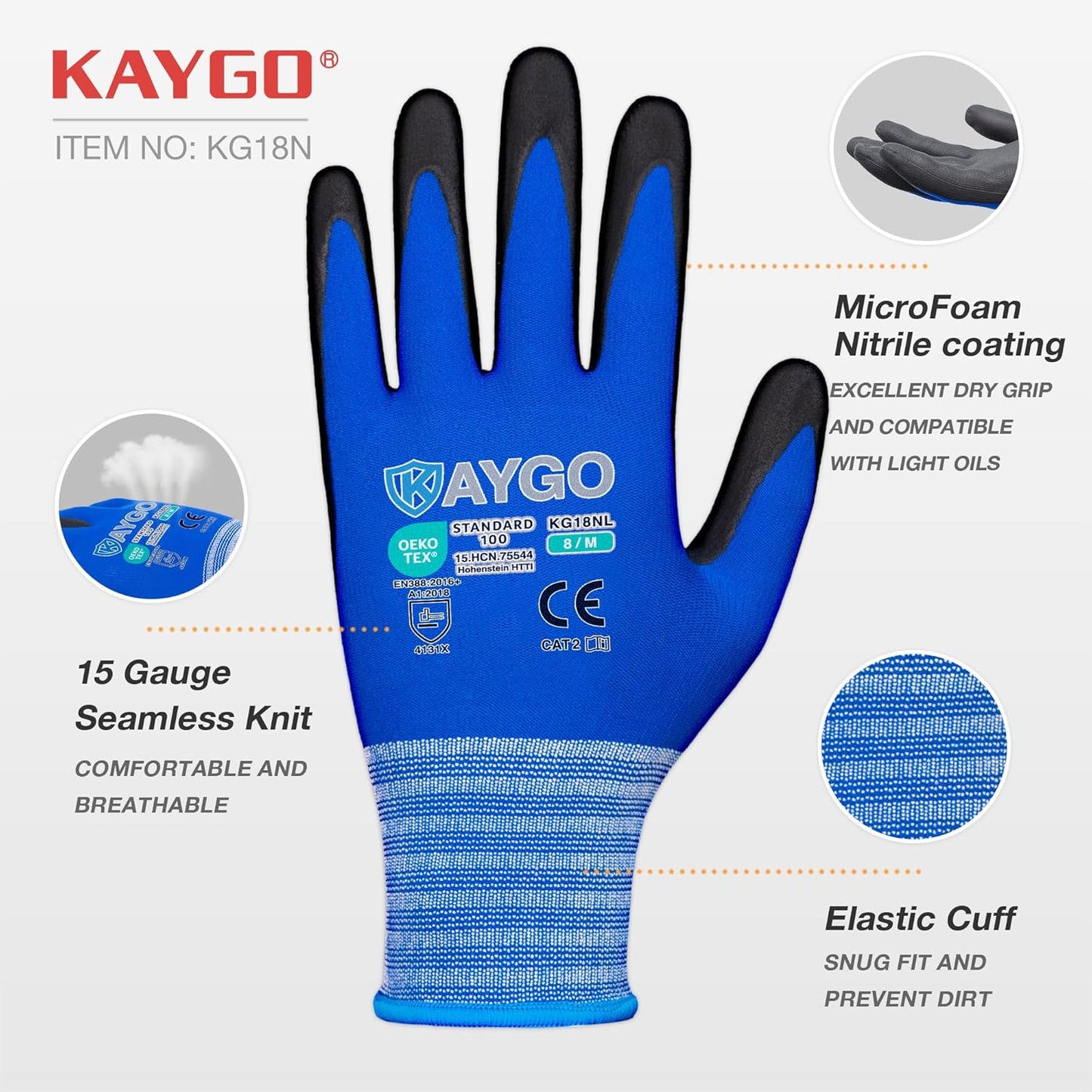 Safety Work Gloves MicroFoam Nitrile Coated-12 Pairs,KAYGO KG18NB,Seamless Knit Nylon Glove with Black Micro-Foam Nitrile Grip,Ideal for General Purpose,Automotive,Home Improvement,Blue