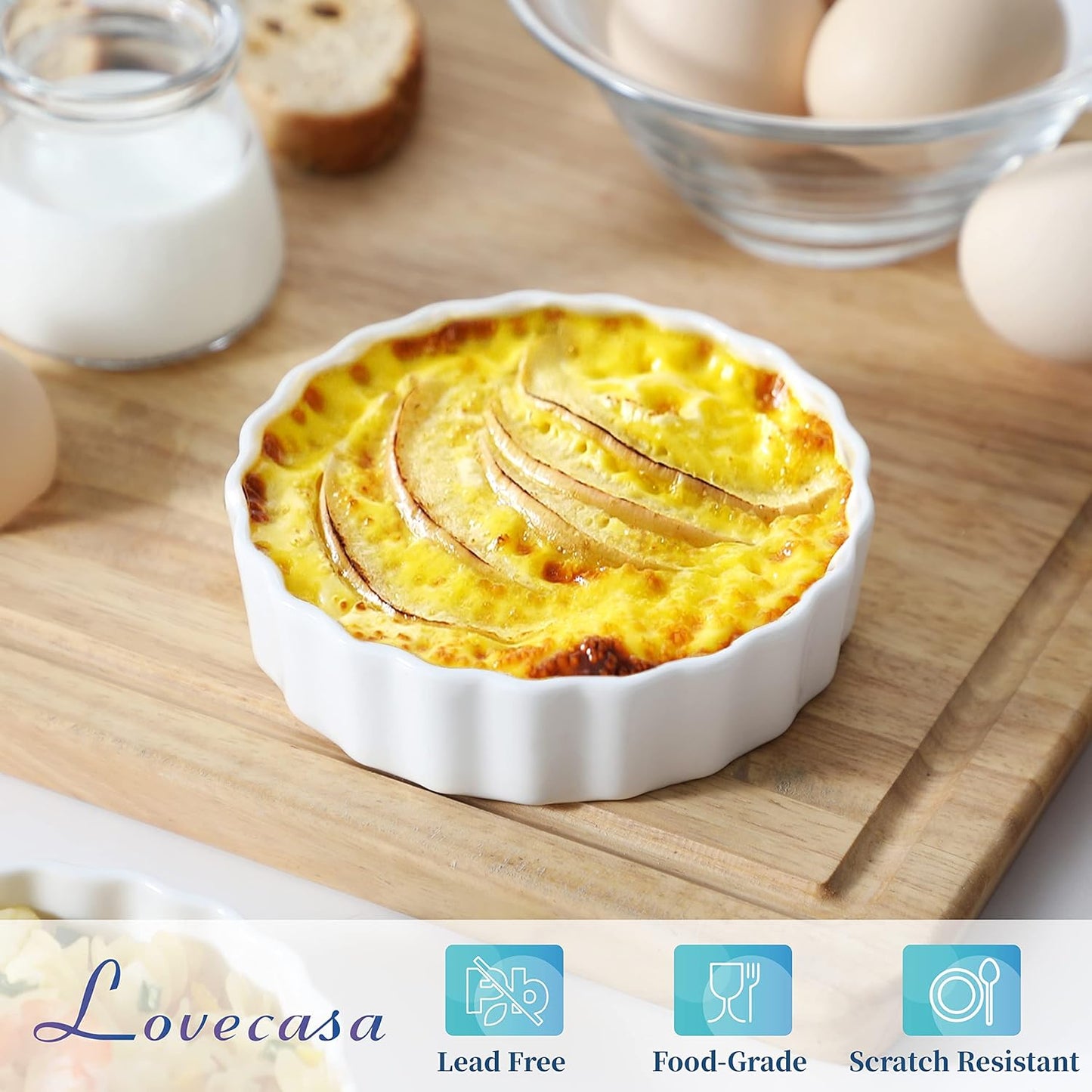 LOVECASA Porcelain Ramekins 8 Oz Oven Safe Set of 6 - Shallow Creme Brulee Dishes for Baking, Soufflés, Custards, Fluted Quiche Pans, Chip-Resistant & Stackable, White
