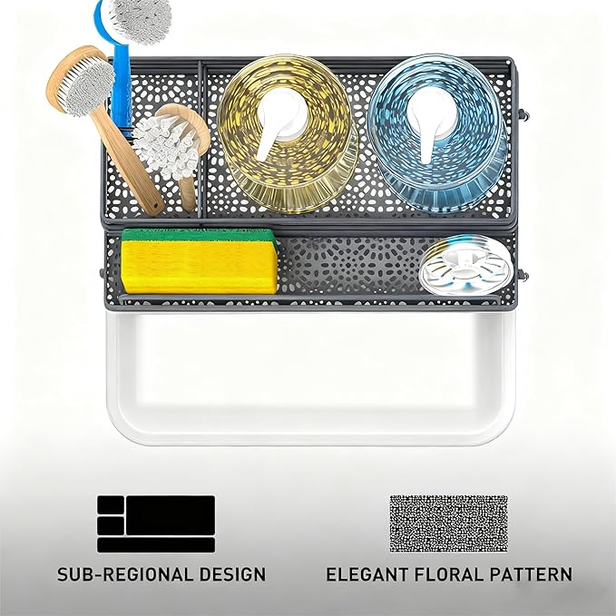 Cisily Gray Sponge Holder for Kitchen, Sink Caddy Sink Organizer Rack for Kitchen Accessories with Drip Tray, Rustproof and Non-slip, Soap Dispenser Countertop Organizer Essentials for New Home