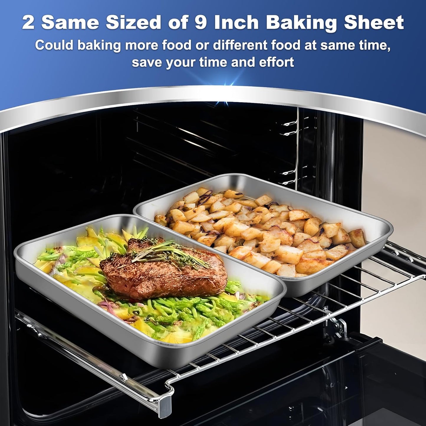 P&P CHEF 9 Inch Baking Cookie Sheet, Oven Pan Tray Stainless Steel Sheet Pan for Kitchen, Oven Bakeware for Multi Uses, Shiny Look & Dishwasher Safe, Healthy & Heavy Duty, 2Pcs