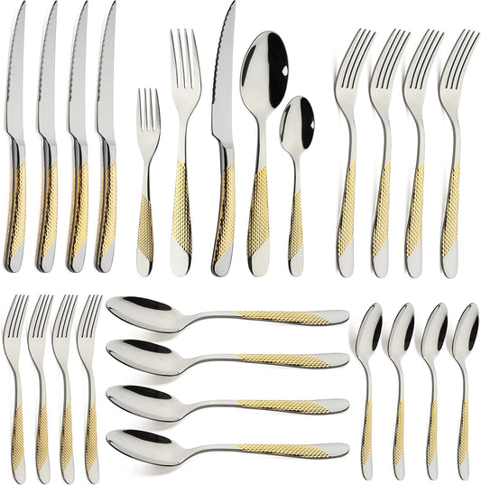 Gold Silverware Set 20-Piece Stainless Steel Flatware Cutlery Set Service for 4 Kitchen Tableware Utensil Set Includes Knives Spoons Forks For Home Kitchen Restaurant