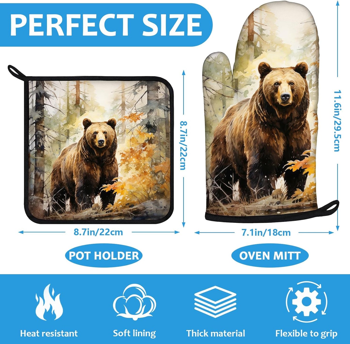 Watercolor Brown Bear Oven Mitts and Pot Holders Sets Heat Resistant 4Pcs Autumn Forest Animal Potholders Oven Gloves Hot Pads for Kitchen Baking Cooking Grilling BBQ
