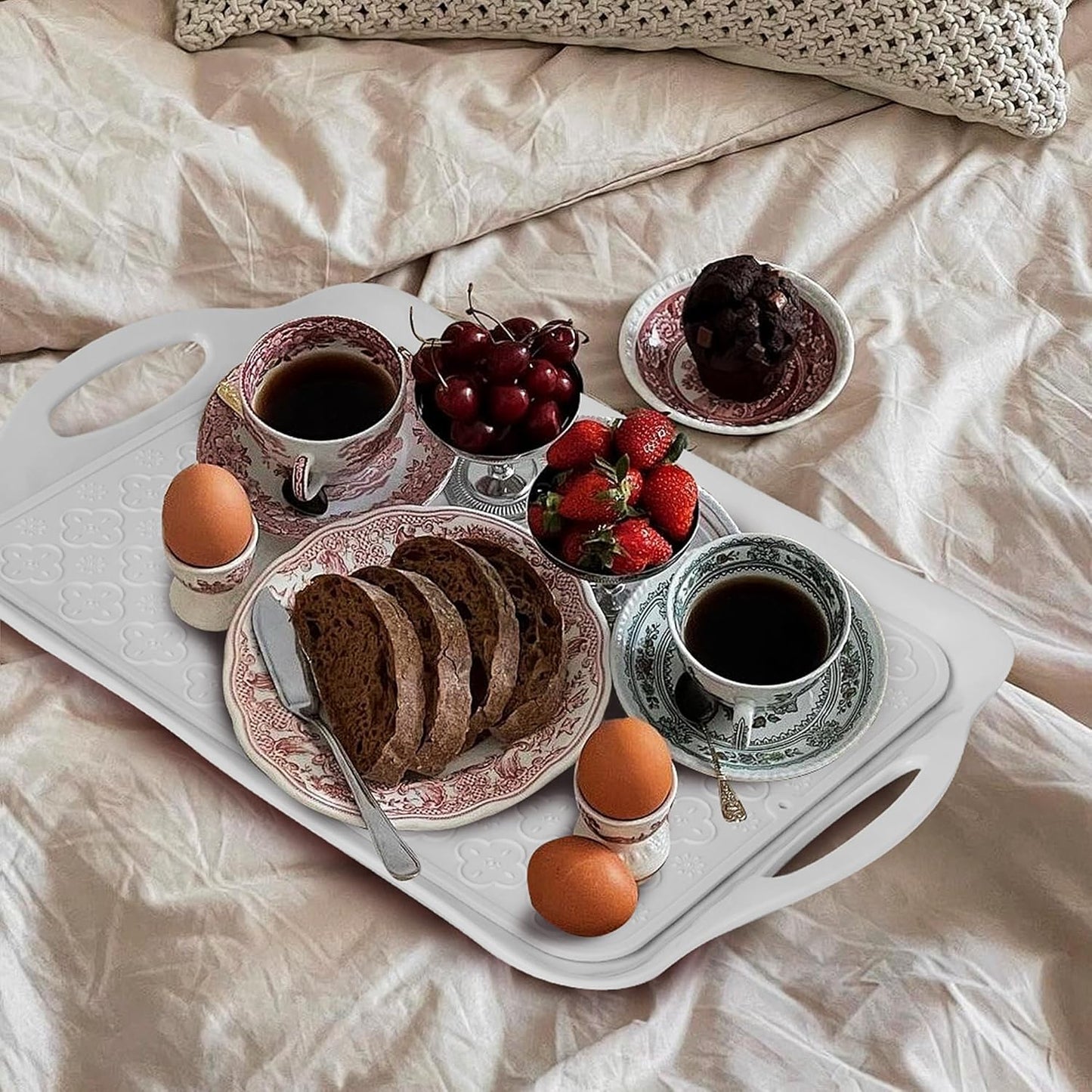 LEHAHA 17.25" x 12" Serving Trays Set of 2 White, Dinner Tray, Light Weight Easy to Clean Sturdy Stackable Melamine Serving Platter with Handle, Fruit, Snacks, and Desserts Trays.Mats Included