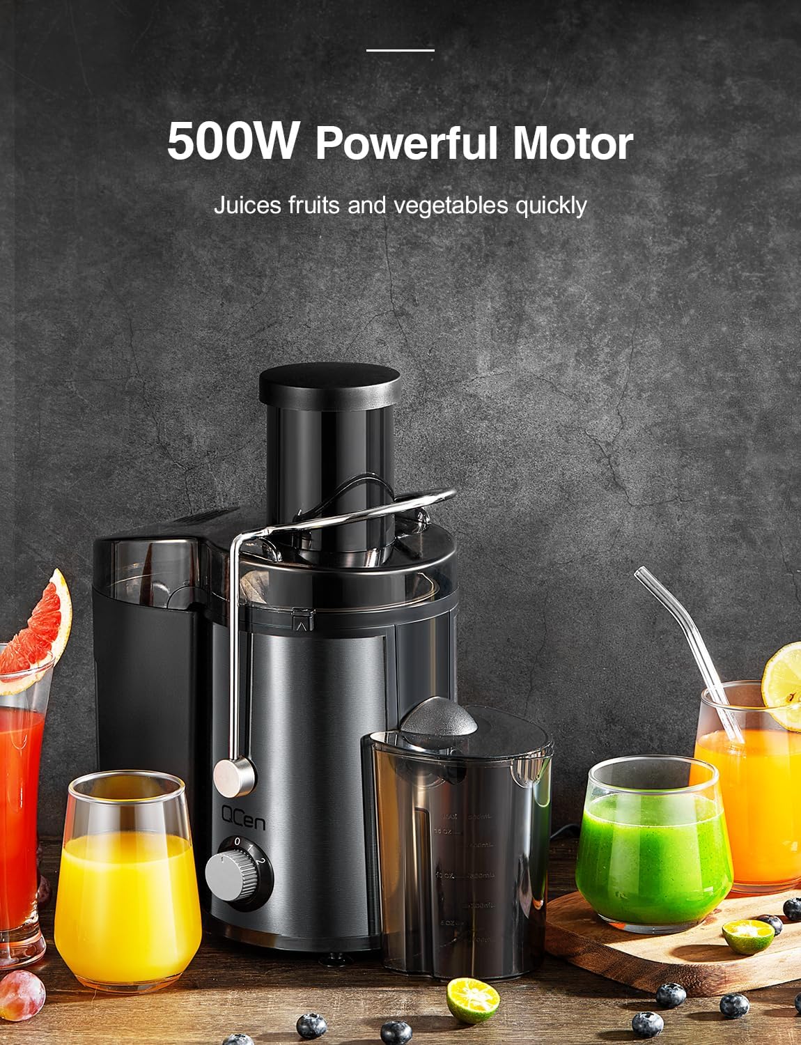 Juicer Machine, 800W Centrifugal Juicer Extractor with Wide Mouth 3” Feed Chute for Fruit Vegetable, Easy to Clean, Stainless Steel, BPA-free (Metallic Black)