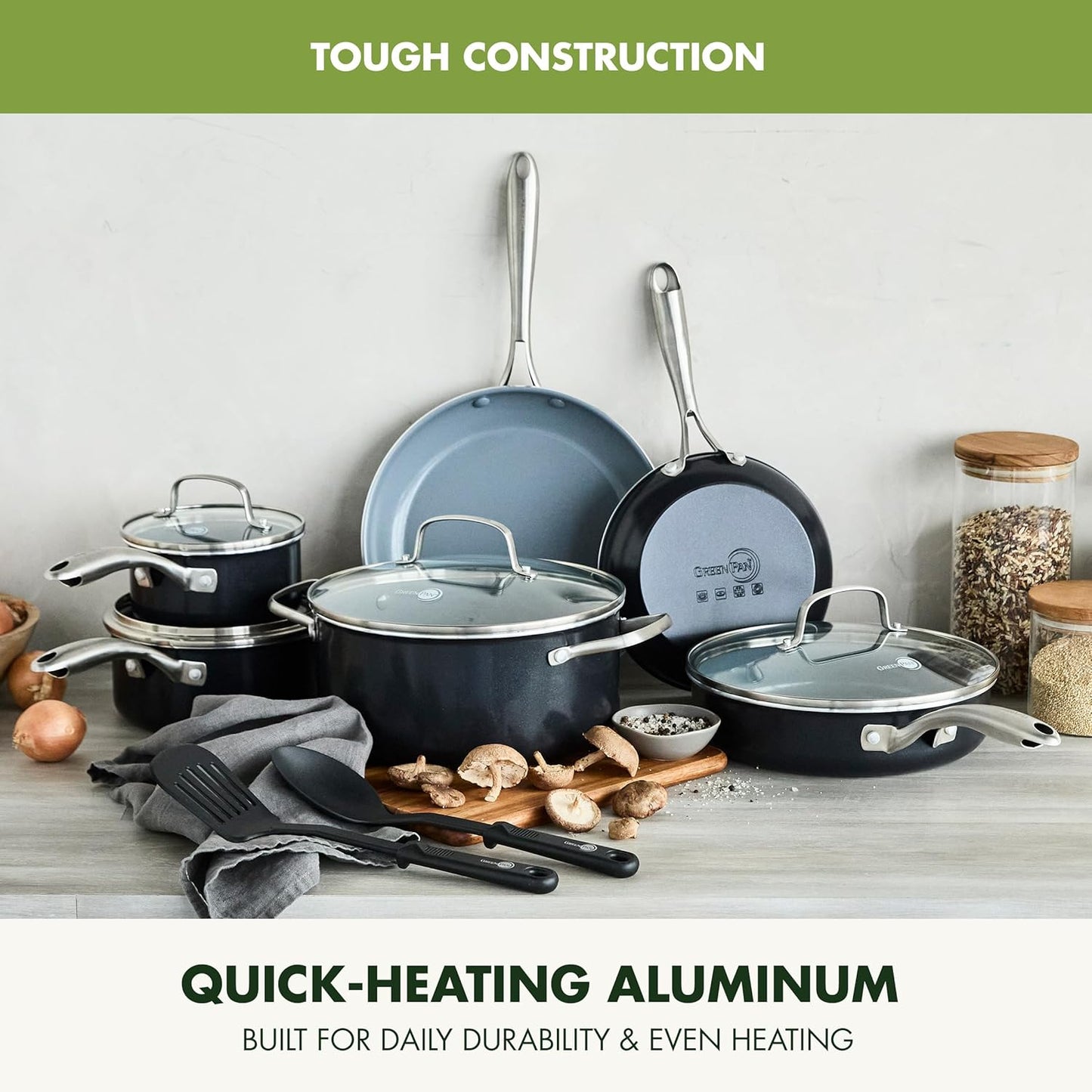 GreenPan 12 Piece Nonstick Swift Cookware Set, Ceramic PFAS-Free Pots & Pans with Lids, Dishwasher & Oven/Broiler Safe to 600F, Kitchen Cooking Set, Sauce, Saute, Stock, Frying Pans, Gray