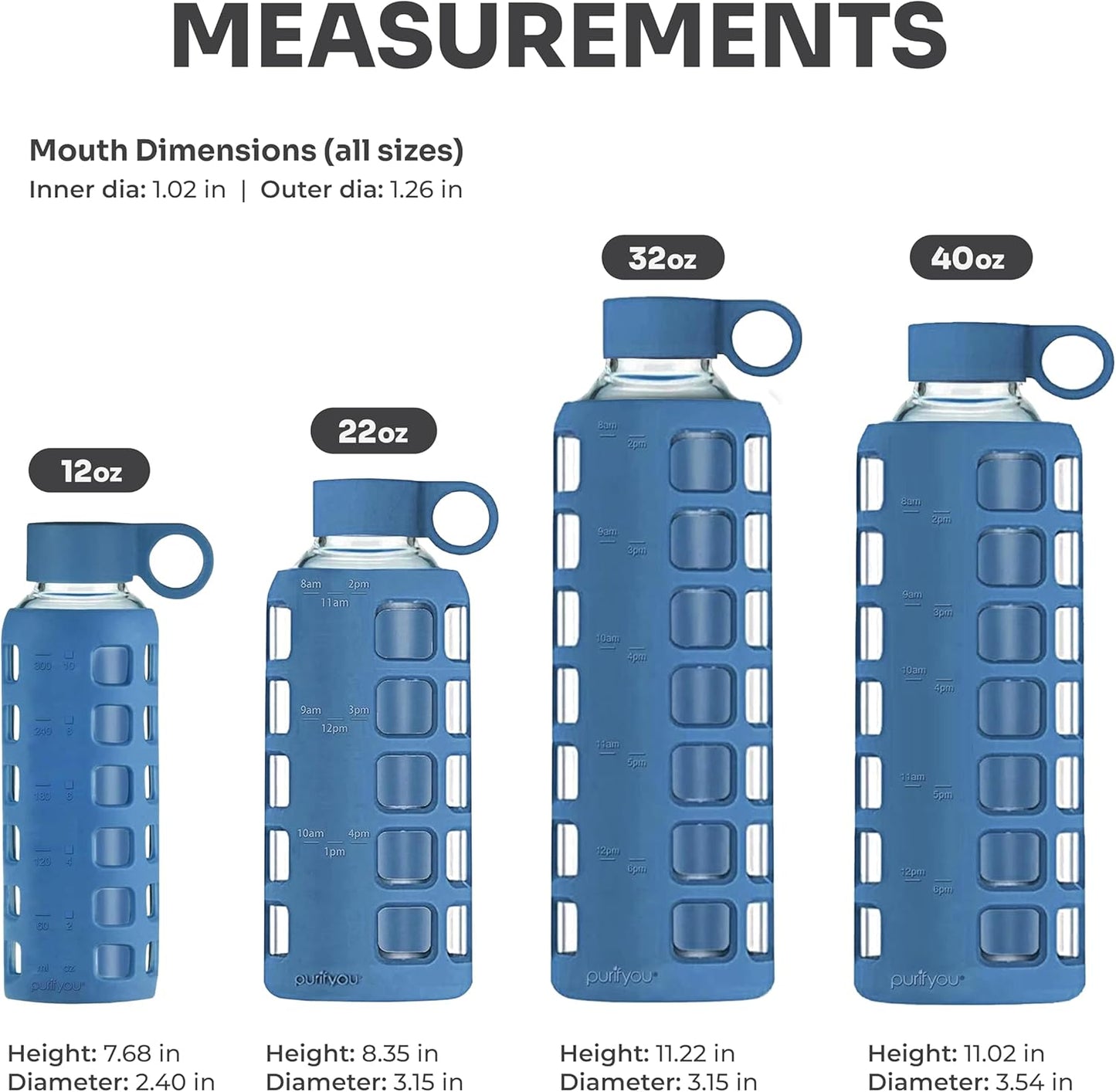 purifyou 40oz / 32oz / 22oz / 12oz Borosilicate Glass Water Bottle with Time & Volume Markers, Silicone Sleeve, Stainless Steel Lid – Reusable Glass Bottle for Water & Juice (12oz Chinese Porcelain)