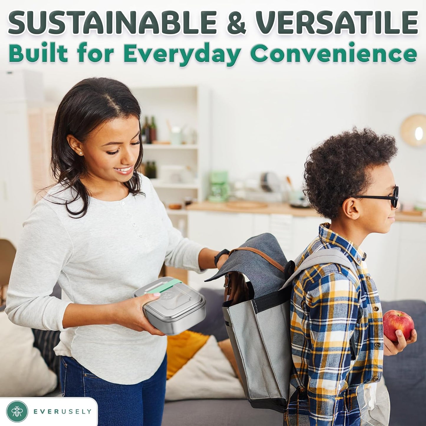 Everusely - Bento Box - Green, 47oz / 1.4 L - Stainless Steel Lunch Box with Leakproof Condiment Container - 3 Compartment Snack Organizer for On the Go Meals - Freezer & Dishwasher Safe