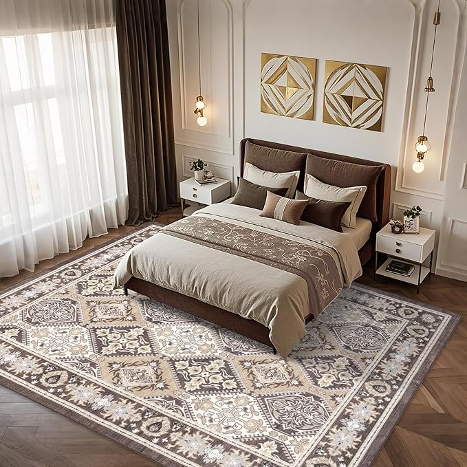 Area Rug for Living Room - Vintage Indoor Machine Washable Rug for Bedroom Dinning Room Floor - Soft Low-Pile Carpet Non-Slip Backing Floral Rugs for Office (Reddish Brown, 8' × 10')