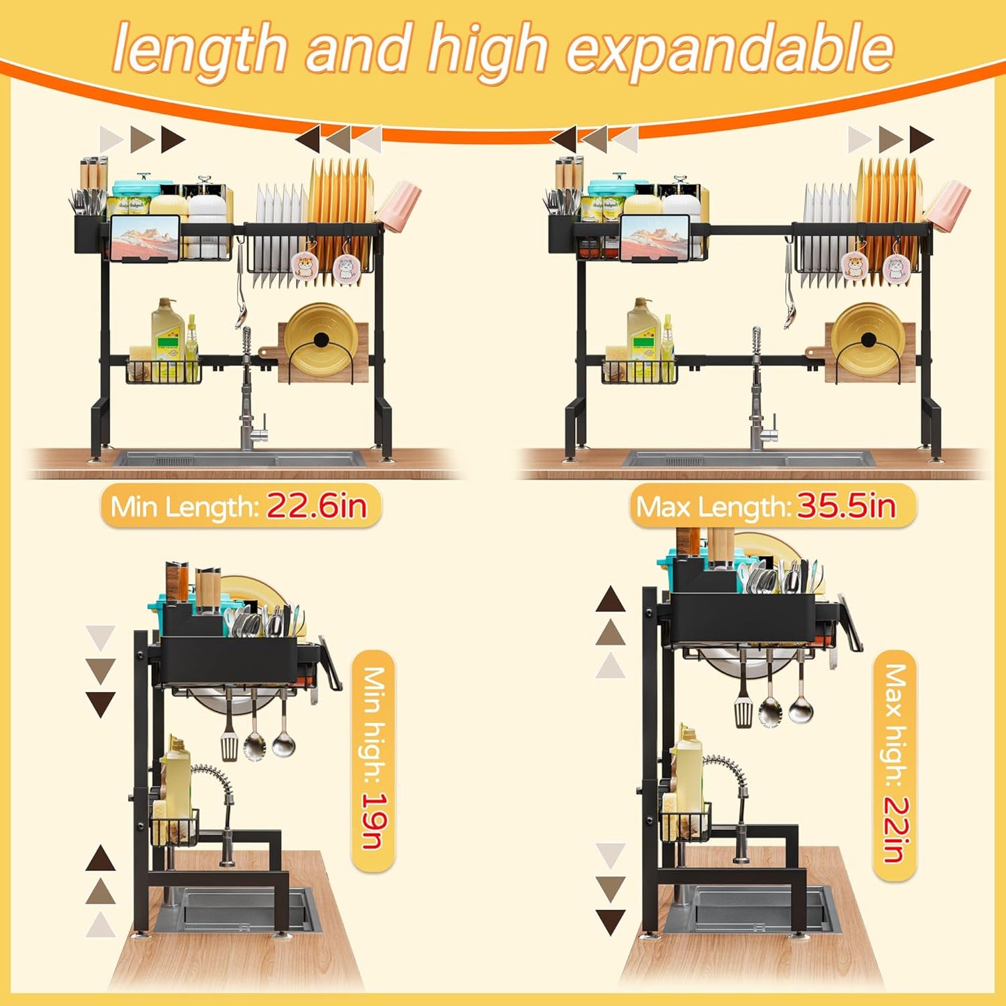 ADBIU Over The Sink Dish Drying Rack (Expandable Height and Length) Snap-On Design 2 Tier Large Dish Rack