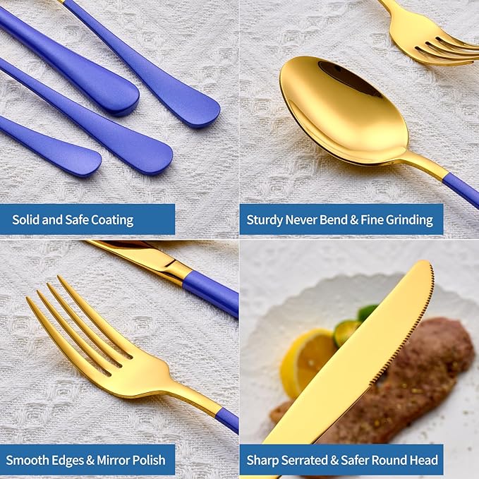 20-Piece Blue & Gold Silverware Set, 18/0 Stainless Steel Colorful Handle Flatware Set,Service for 4,Modern Cutlery Set Includes Dinner Knives Forks Spoons,Mirror Polished,Dishwasher Safe