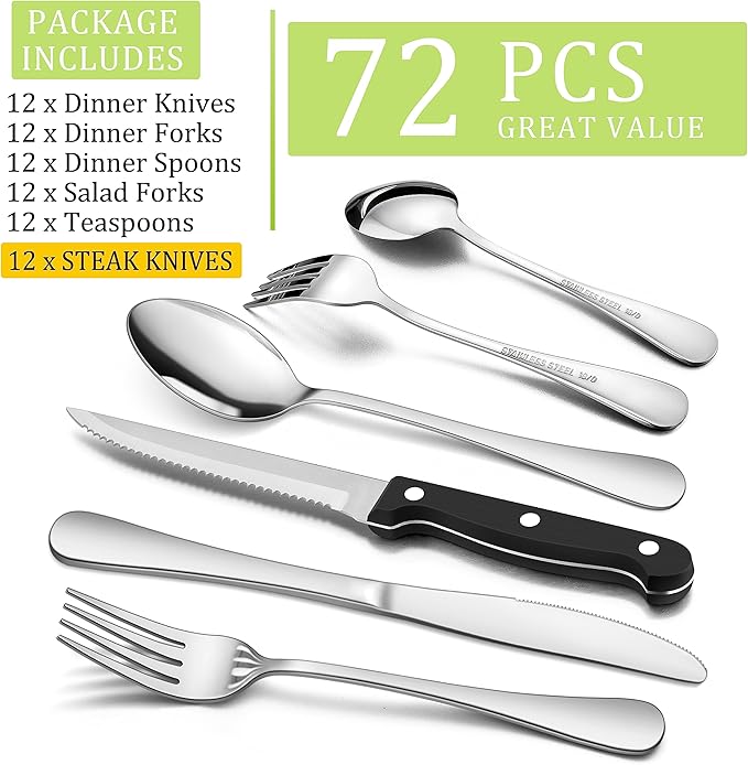 HaWare Silverware Set with Steak Knives, 72-Piece Stainless Steel Cutlery Set, Classic Flatware Set for 12, Mirror Polished Eating Utensils Tableware, Include Knives, Forks, Spoons, Dishwasher Safe