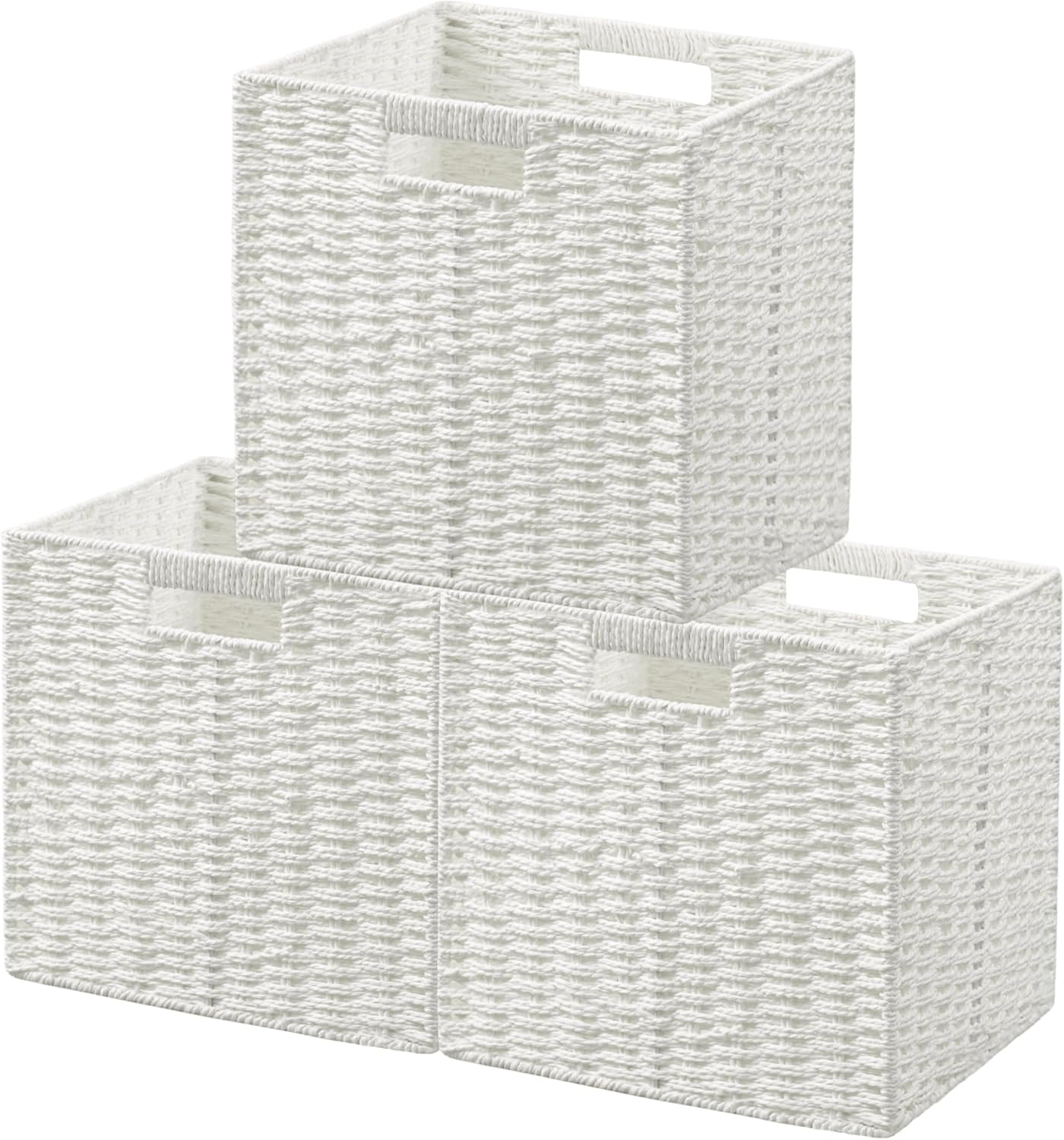 UBBCARE 3 Pack Wicker Basket, 11L×11H×10.5W inch Woven Paper Rope Storage Baskets for shelves, Foldable Cube Storage bin with Handle, Storage Basket for Organizing & Decor, White