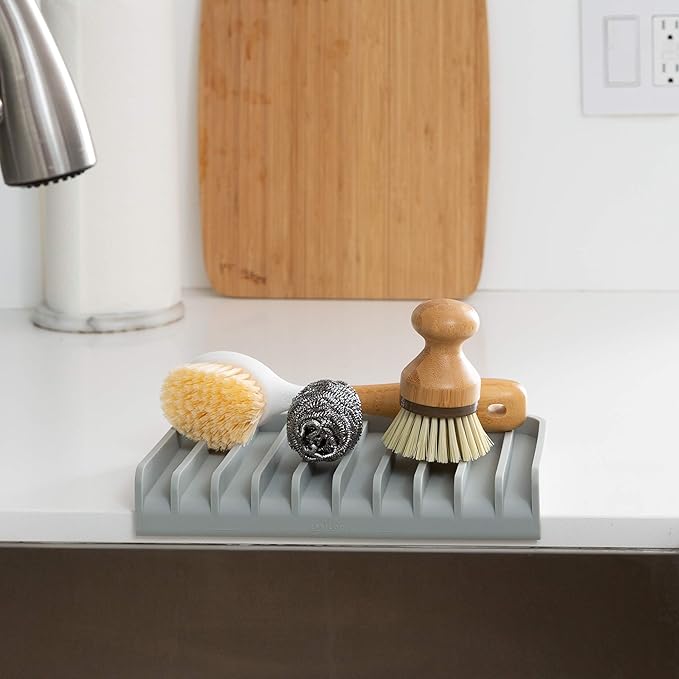 Effilogic Silicone Sponge Holder – Self-Draining Kitchen Sink Organizer, Quick Dry Mat and Counter Protector – Dishwashing Accessories for Sponges, Brushes, and Soap - Large Gray