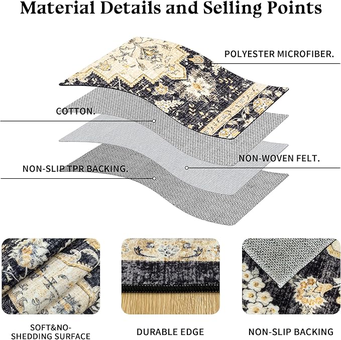 Area Rug for Living Room - Indoor Machine Washable Vintage Rugs for Bedroom Dinning Room Floor Carpet Non-Slip Backing Rugs Floral Soft Low-Pile Office Rug (Black/Beige, 8' × 10')