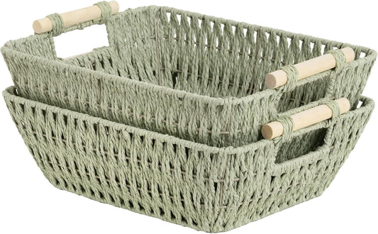 StorageWorks Large Wicker Storage Basket for Organizing with Wooden Handles, Toilet Paper Baskets for Bathroom, Bosana Green, 2-Pack
