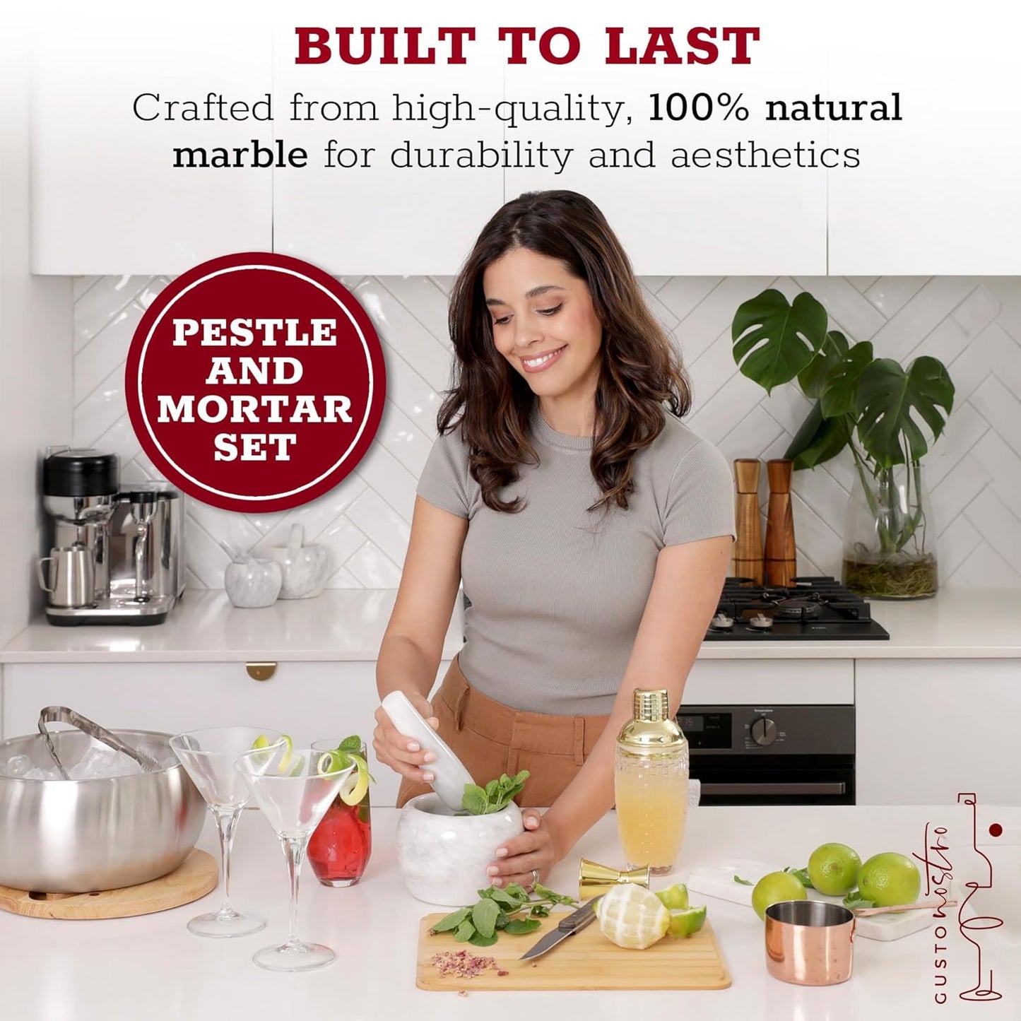 Gusto Nostro Natural Marble Mortar and Pestle Set | 5 Inch - 2.5 Cup Large Mortar Pestle Set for Grinding Herbs, Nuts, Grains | Pesto Grinding and Guacamole Stone Bowl | Marble Spice Crusher