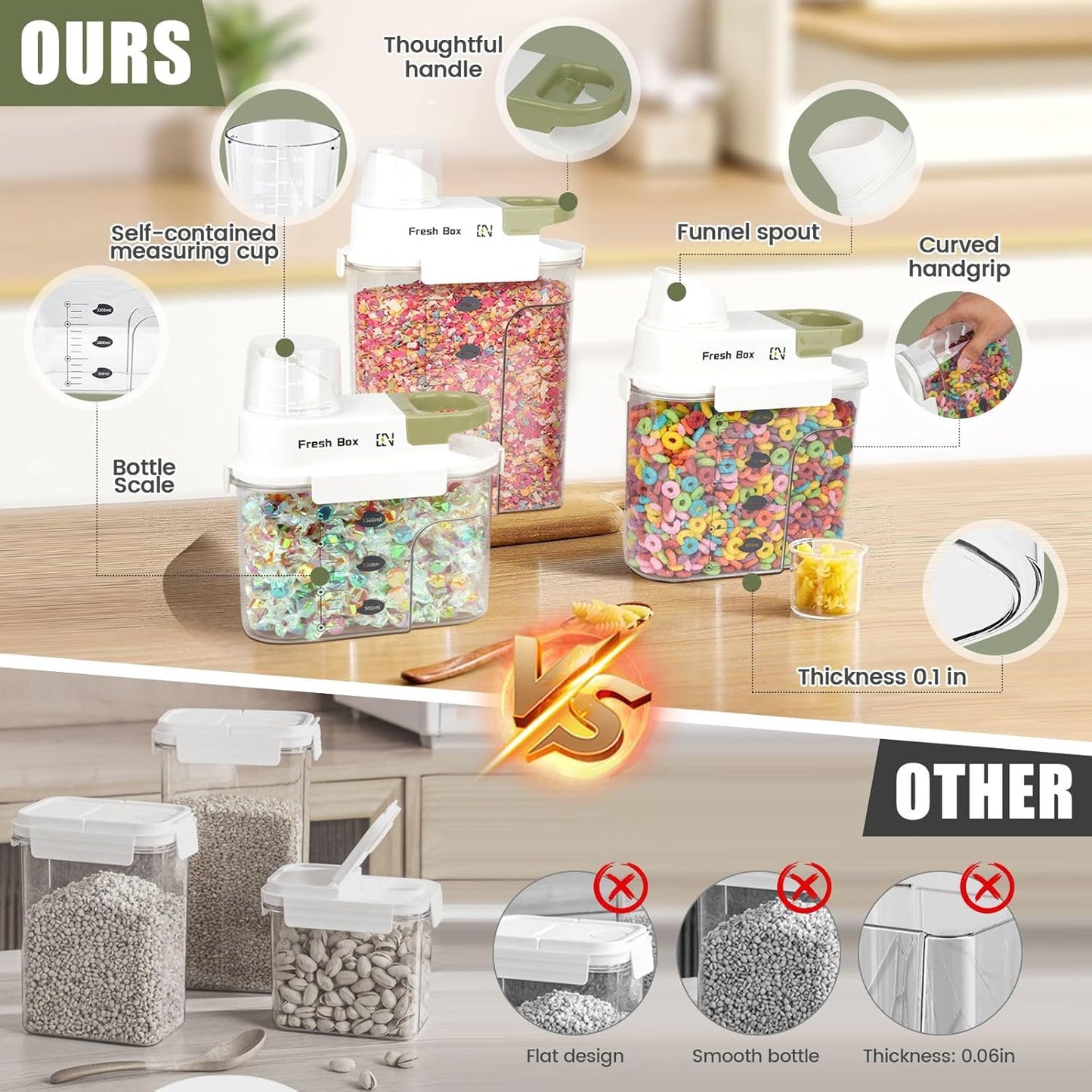 Cereal Storage Container 4Pack,61oz/1.8L Airtight Food Storage Containers With Lids,Organizers Storage With Measuring Cup for Beans,Sugar,Rice,Nuts,Snacks,Dog Cat Pet Food,Candy