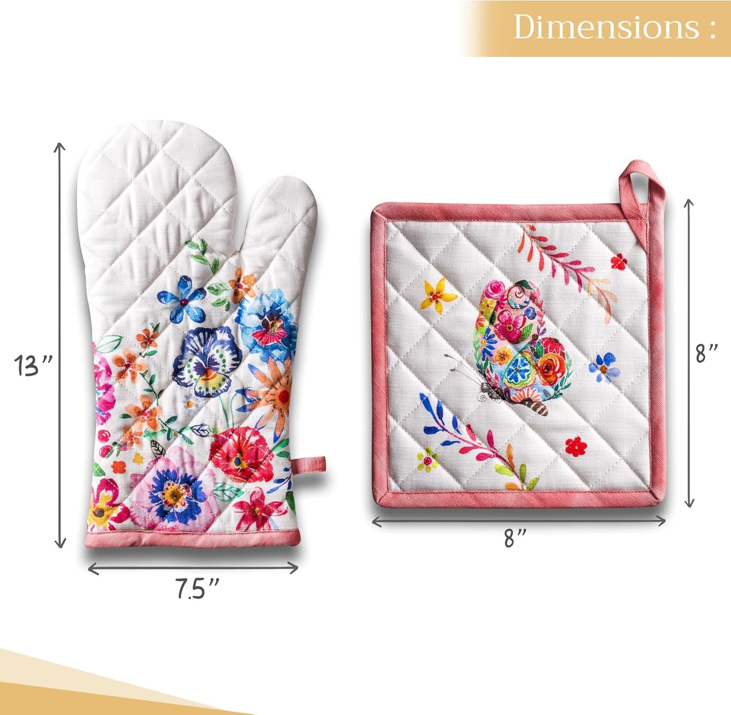 Maison d' Hermine 100% Cotton Oven Mitt & Pot Holder Set (7.5"x13" & 8"x8") Heat Resistant BBQ Cooking Gloves with Loop, Grilling, Kitchen, Handling Hot Pan Spring/Summer (Happy Florals - High Summer)