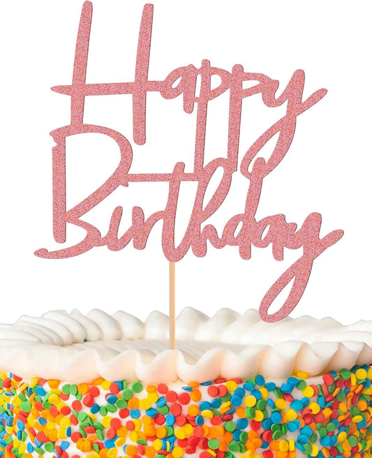 Happy Birthday Cake Topper - Glitter Pink Birthday Cake Top Decorations (Pink)