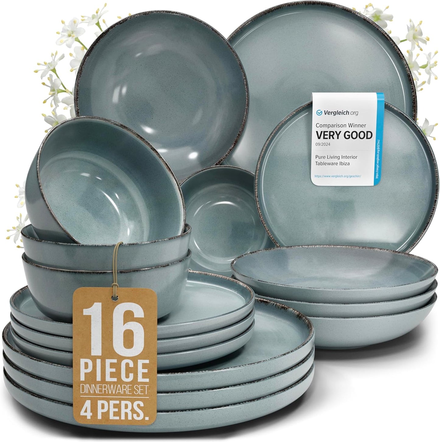 Stoneware dinnerware set 4 persons Rustic 16 pcs - Rustic design dinnerware set, dishwasher safe - Bowl and plate set - Pure Living dinnerware in smoky blue…