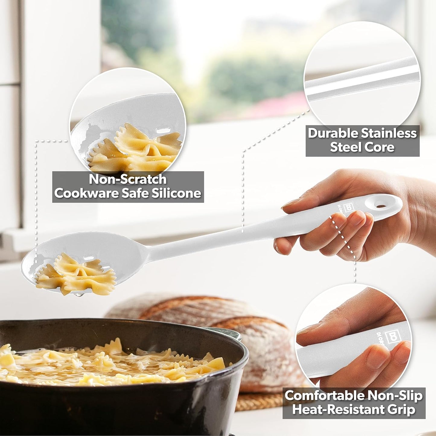 DI ORO Silicone Spoons for Cooking - Large Kitchen Utensils for Mixing, Serving, & Stirring - 600F Heat-Resistant Non Stick - Big Solid & Slotted Basting Spoons - Dishwasher Safe (2pc, Stone)