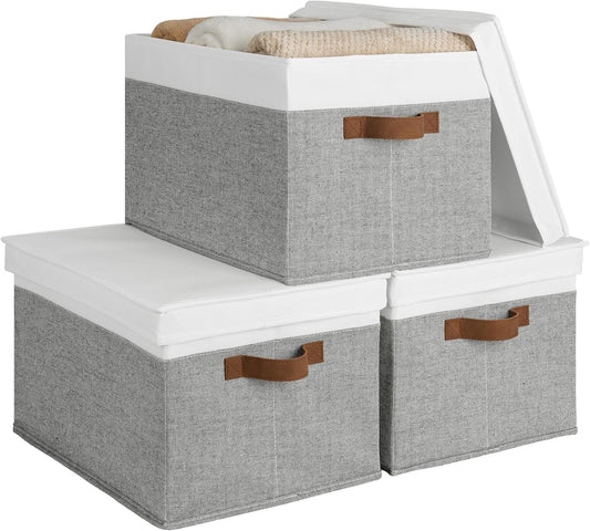StorageWorks Storage Bins with Lids, Decorative Storage Boxes with Lid and PU Handles, Foldable Storage Baskets for Closet, Shelves, Stackable, Grey and White, Jumbo, 3-Pack
