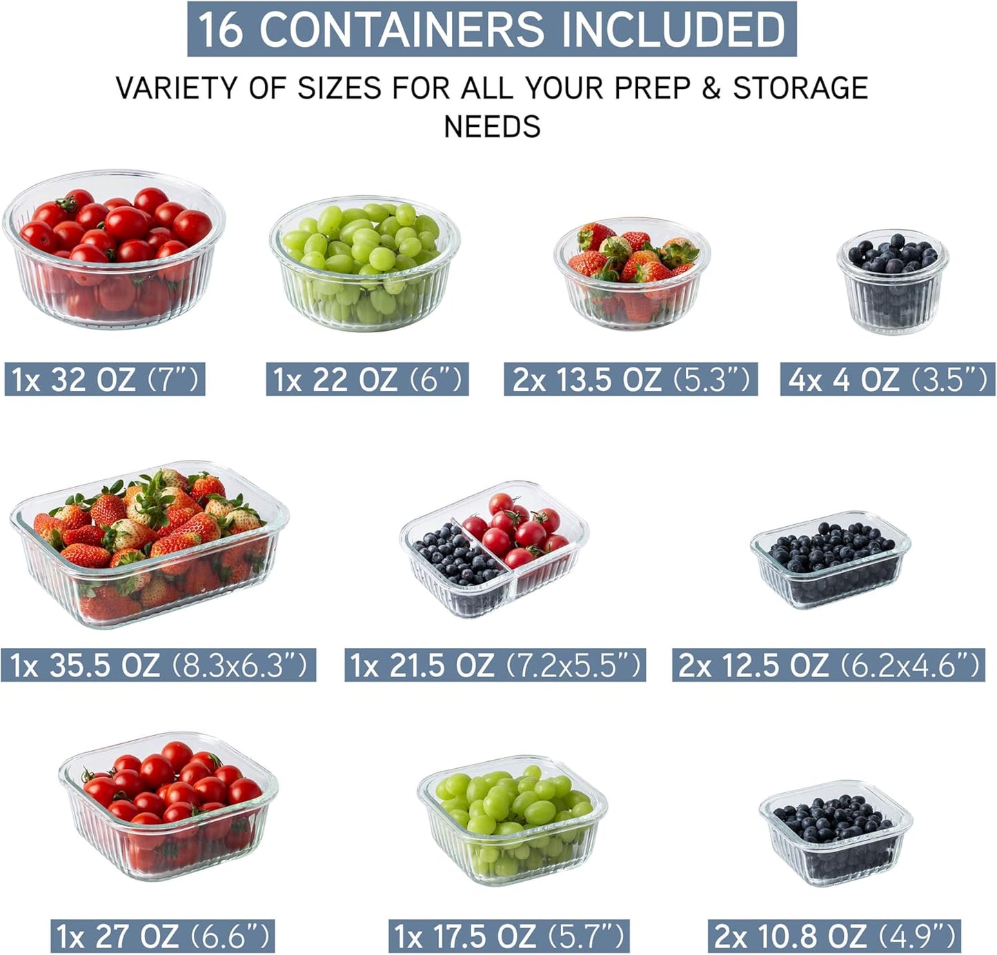 COOK WITH COLOR Premium 32-Pc. Borosilicate Glass Food Container Set with Dividers - 4 Rectangles, 8 Rounds, 4 Squares - Leakproof Lids - Meal Prep, Storage, Fluted Ombre Blue