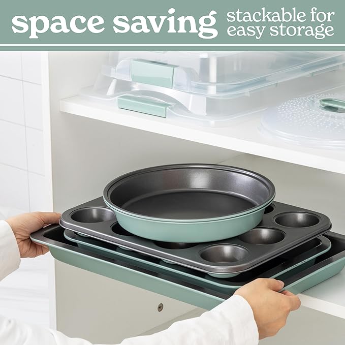 Country Kitchen Baking Pans Set - 10 Piece Non-Stick Cake Pans with Carry Lids for Easy Storage & Travel, Perfect for Parties - Stackable, Sage