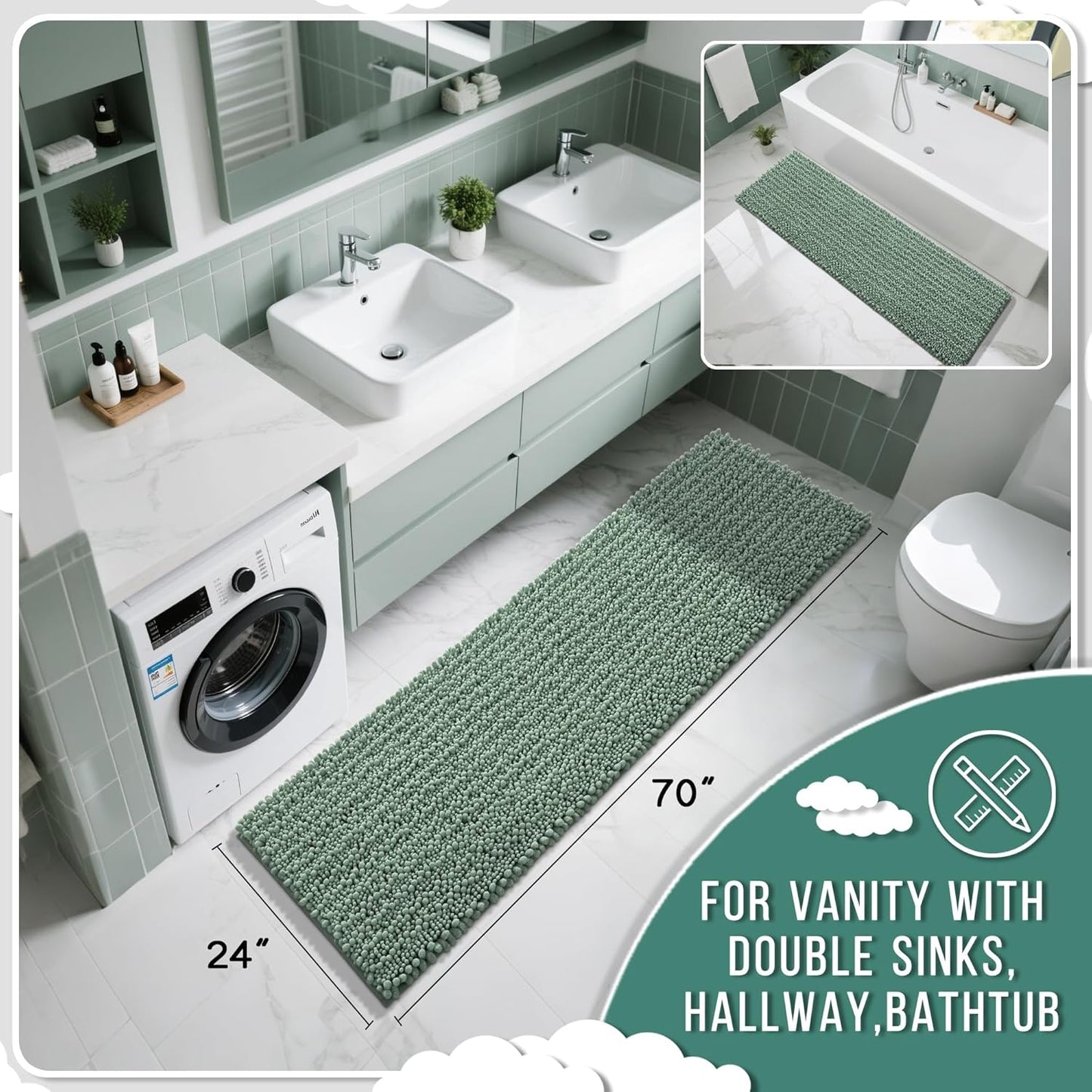 Yimobra Bathroom Runner Rug 70x24 Inch - Extra Long Non Slip Chenille Bath Mat, Soft & Absorbent, Machine Washable Shaggy Hallway Carpet for Vanity Tub Shower, Green Home Decor Accessories