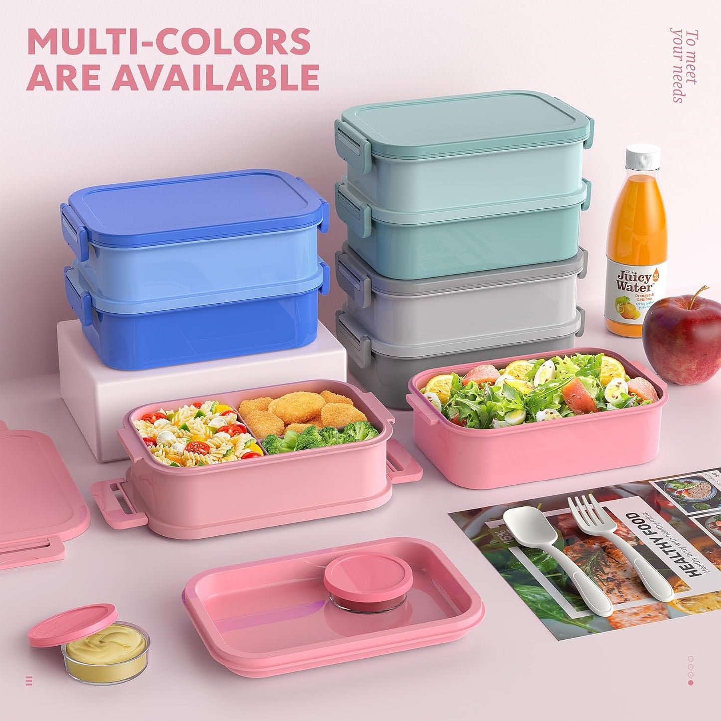 Jelife Bento Lunch Box for Adults - 3 Layers Leak-Proof Stackable Bento Box for Adults, 72oz Large-Style All-in-One Adult Lunchbox Bento Box with Utensil Accessories for Dining Out,Work, Pink