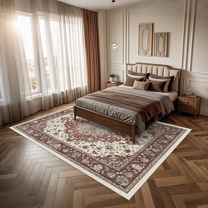 Area Rug for Living Room - Vintage Indoor Machine Washable Rug for Bedroom Dinning Room Floor - Soft Low-Pile Carpet Non-Slip Backing Floral Rugs Office (Brick/Ivory, 6' × 9')