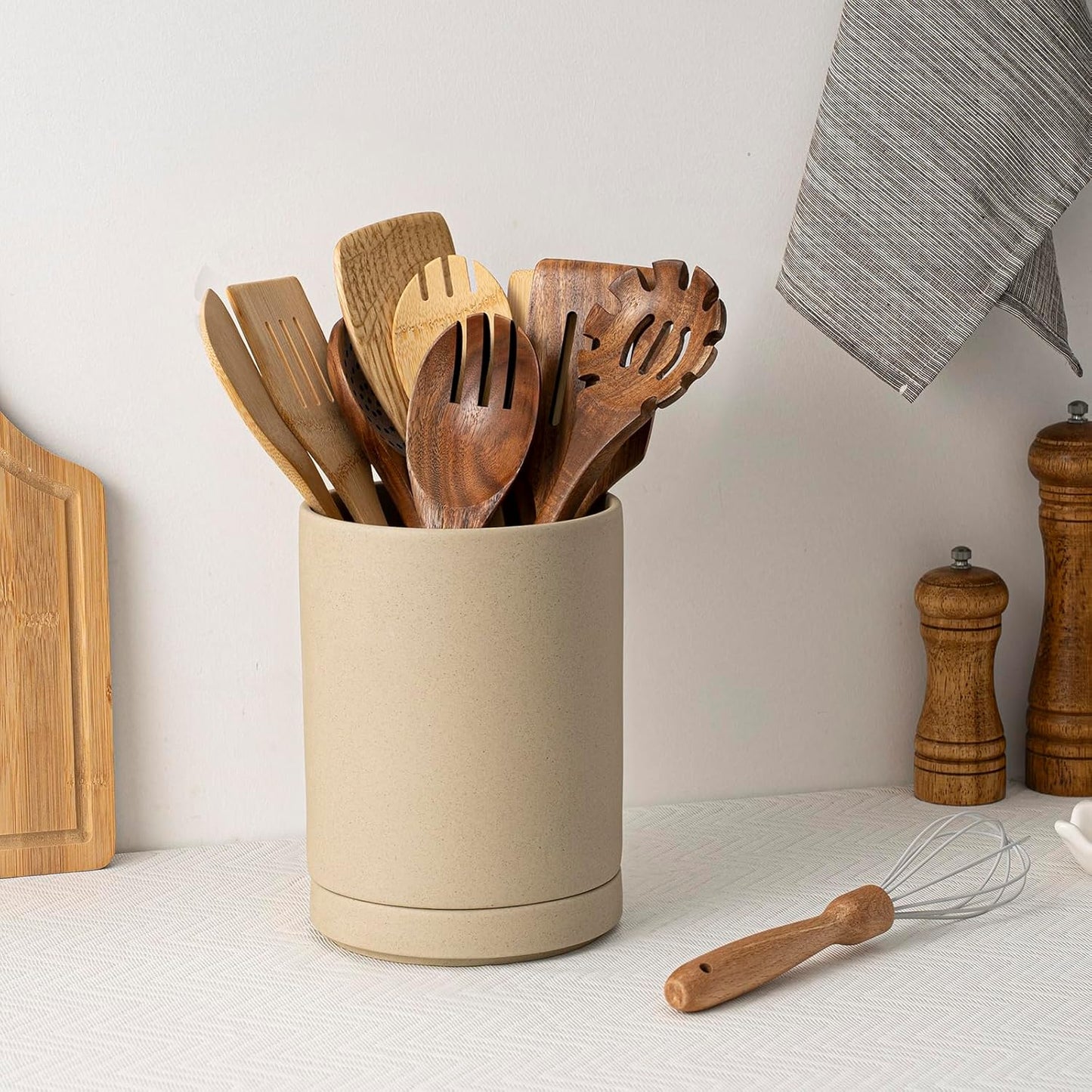 Utensil Holder, 7.3"+5.4" Ceramic 2-in-1 Utensil Holder Set for Countertop, Cooking Utensil Crocks for Kitchen Counter, Organizer for Spatulas & Spoons, Set of 2, Pottery Clay