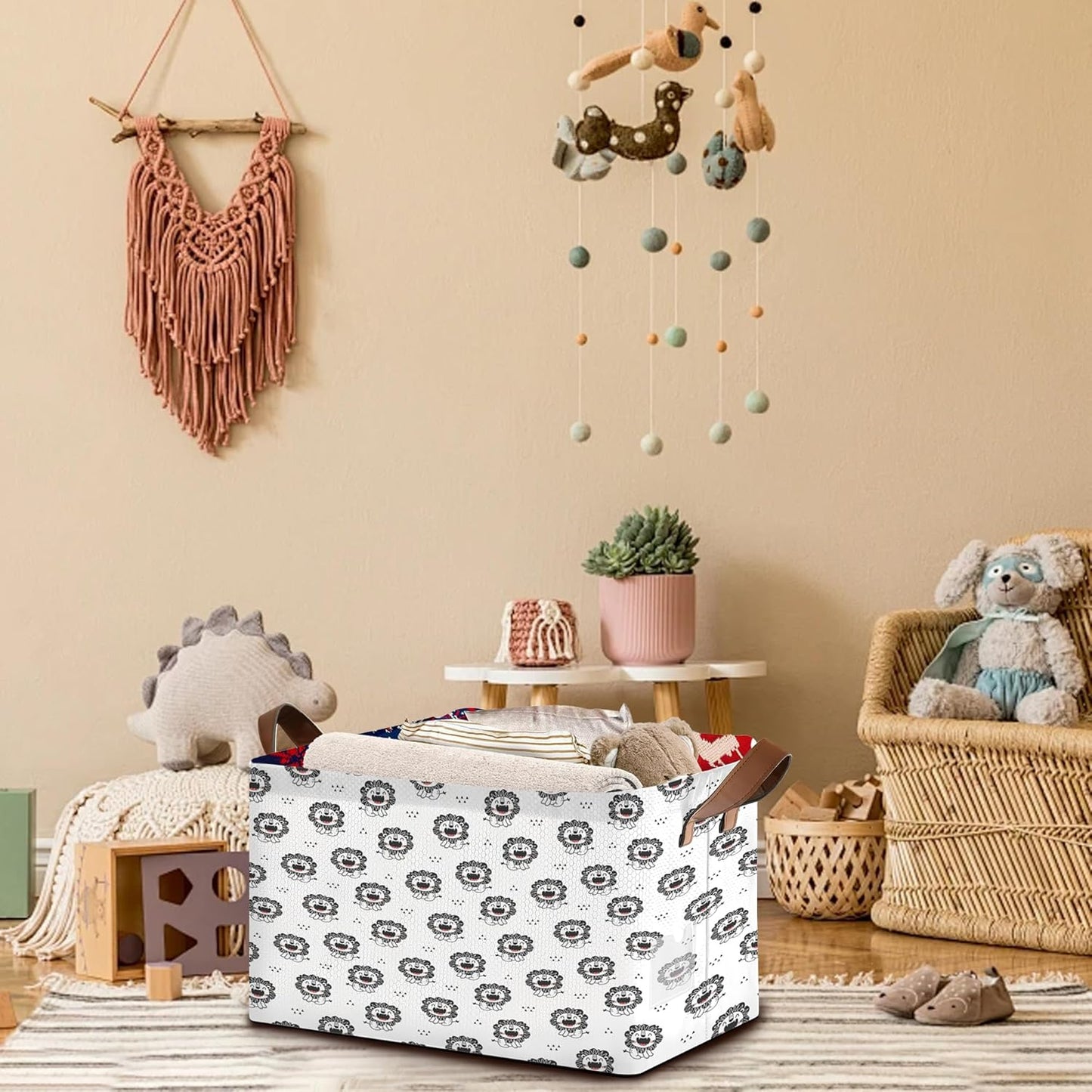Wild Animal Storage Basket Large 17x11.5x10.5 Inche-Collapsible Fabric Organizer Bin with Handles for Nursery, Kids Room, Safari Theme-Decorative Hamper with Playful Lion Silhouette Design-Single Pack